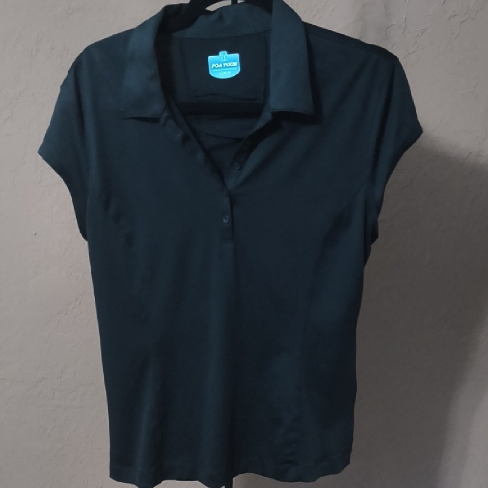 PGA Tour Black Fitted Cap Sleeve Polo Shirt Size Large